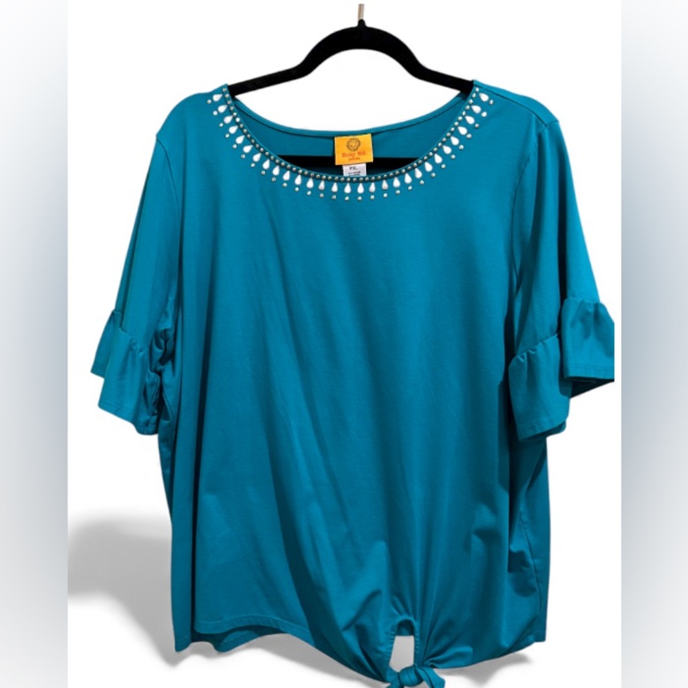 Ruby Road Teal Women's Top with Studded Neckline